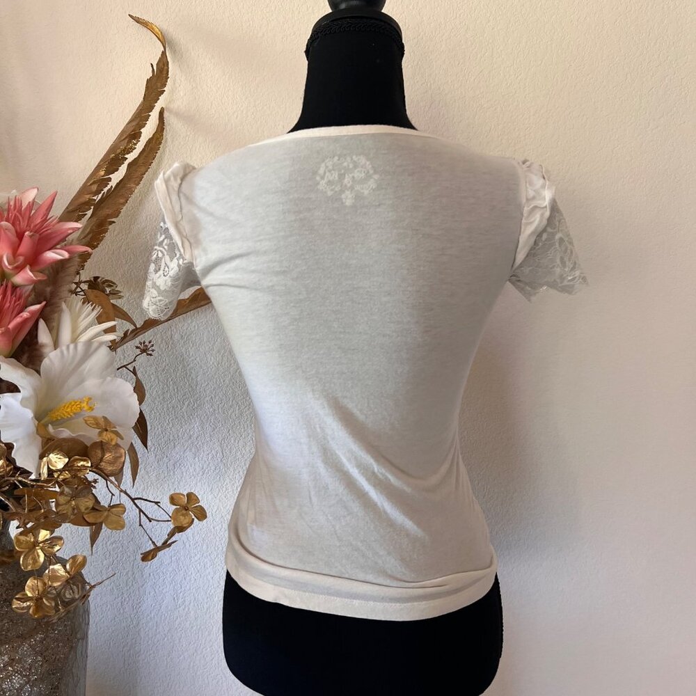 Coquette Babytee White Cream Top with Ruched Lace Short Sleeves NWOT XS - Picture 3 of 5
